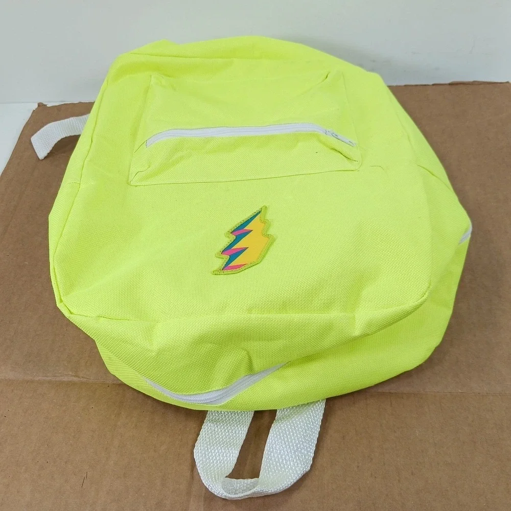 Neon Yellow Canvas Backpack with Lightning Bolt Patch and White Straps